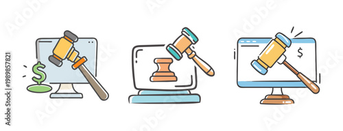 Online auction icons set, digital legal gavel on computer screen, internet bidding vector