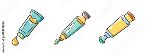 Artistic paint tubes set, colorful oil paint containers, 3 creative vector icons