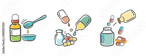Medical medicine icons, pharmaceutical pills and syrup, healthcare vector illustrations