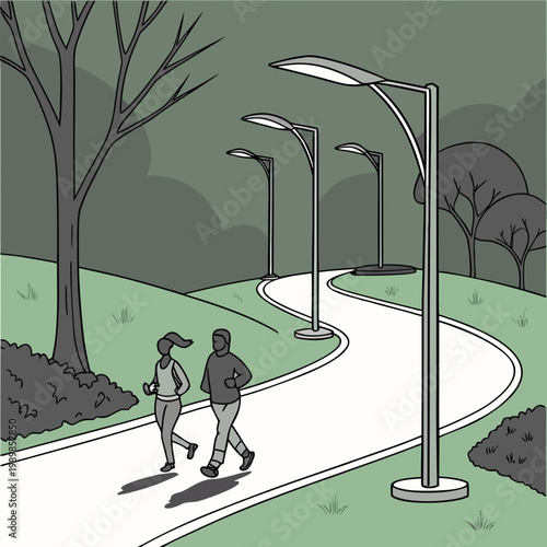 Couple jogging on winding park path under modern street lighting with lighting exercise landscape wellness lifestyle activity recreation infrastructure greenery