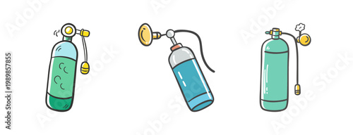 Medical oxygen tank icons, portable gas cylinder set, healthcare breathing equipment vector