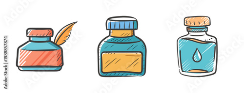 Vintage ink bottle set, hand drawn inkwell collection, 3 quill and ink vector icons