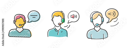 Customer support icons set, call center agents with headsets, help desk vector avatars