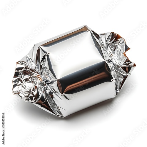 A close-up view of a faceted gemstone wrapped in reflective tinfoil packaging.