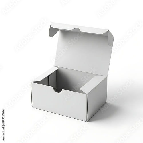 An open white cardboard box with a lid partially raised to reveal its empty interior