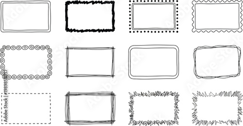 Collection of hand drawn square frames and borders in black and white