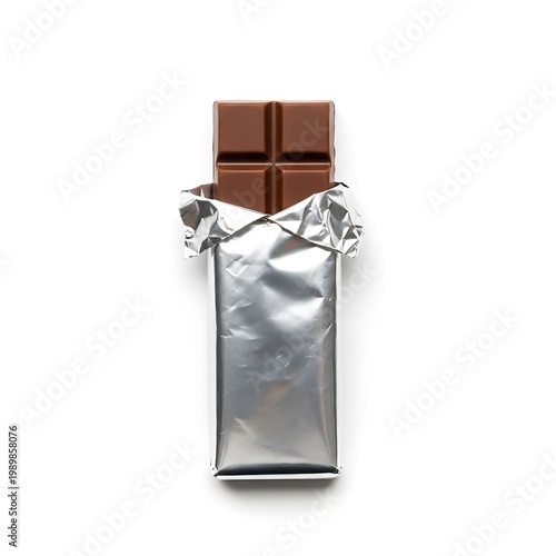 A single chocolate bar wrapped in shiny foil against a plain background