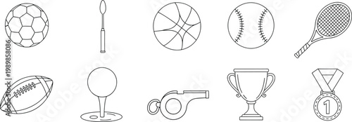 Collection of hand drawn sports equipment icons including balls, racket, trophy and medal