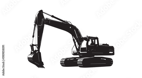 Excavator heavy machinery silhouette, construction equipment used for digging and earthmoving.