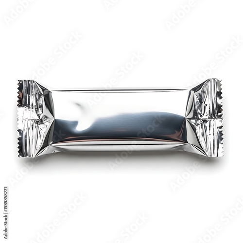 Shiny foil-wrapped rectangular candy bar on a white background