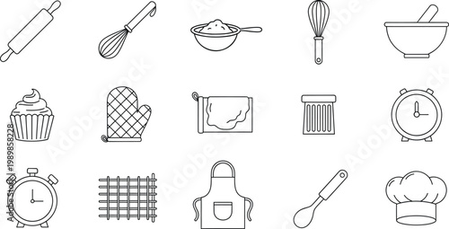Collection of kitchen and baking equipment line icons for culinary design projects
