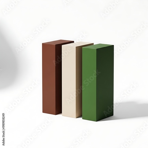 Three tall rectangular blocks in earthy tones arranged side by side.
