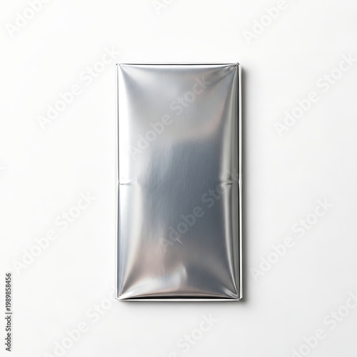 Shiny metallic foil pouch standing upright against a plain background