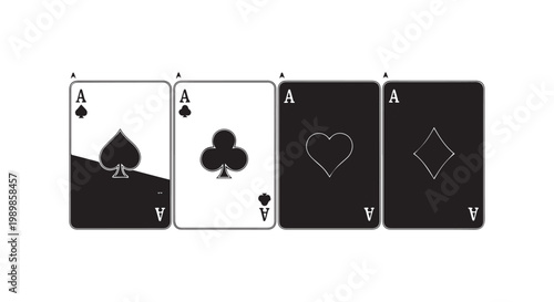 Four aces of playing cards with different suits on a white background, black and white flat vector illustration.