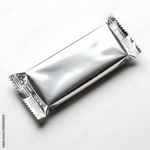 Sealed aluminum foil packet of a rectangular snack bar on a plain background