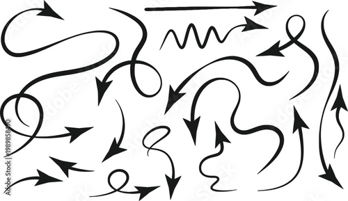 Collection of black hand drawn arrows and curved lines on white background