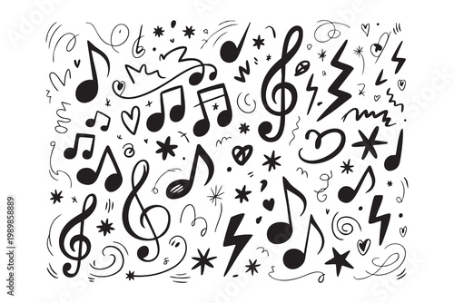 Hand drawn music doodles and symbols with notes, hearts, stars, and lightning bolts.