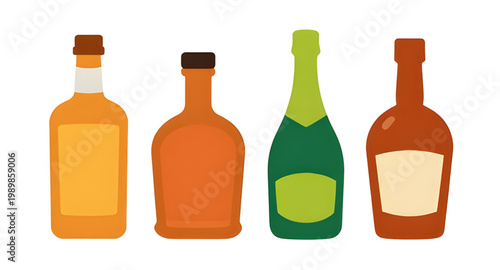 bottles, alcohol, beverage, drink, liquor, glass, bar, wine, whiskey, beer, vodka, rum, spirits, container, collection, vector, simple