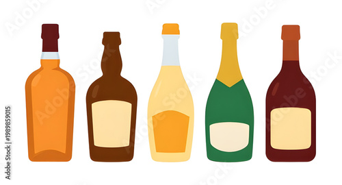 bottles, alcohol, beverage, drink, liquor, glass, bar, wine, whiskey, beer, vodka, rum, spirits, container, collection, vector, simple