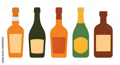 bottles, alcohol, beverage, drink, liquor, glass, bar, wine, whiskey, beer, vodka, rum, spirits, container, collection, vector, illustration