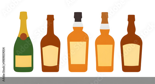 bottles, alcohol, beverage, drink, liquor, glass, bar, wine, whiskey, beer, vodka, rum, spirits, container, collection, vector, illustration