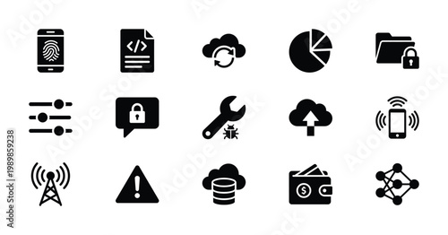 Set of technology icons representing digital security data analysis cloud computing networking and mobile technology for business and finance applications