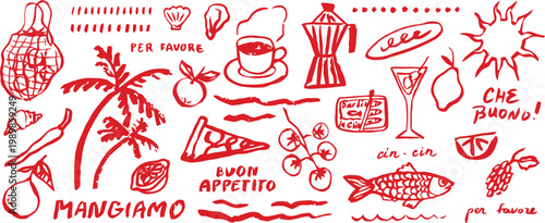 Whimsical red and white sketch of travel souvenirs and food items