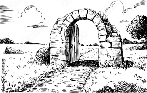Hand drawn of ancient stone archway entrance with cobblestone path and distant landscape