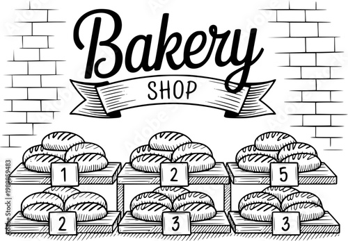 Hand-drawn bakery shop sign with loaves of bread display shelves food