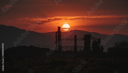 Sunset Over Abandoned Industrial Plant Silhouettes at Mountain Mining Site With Warm Sky