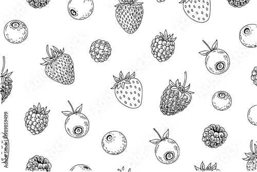 Hand-drawn berry pattern: strawberries, blueberries, and raspberries white background