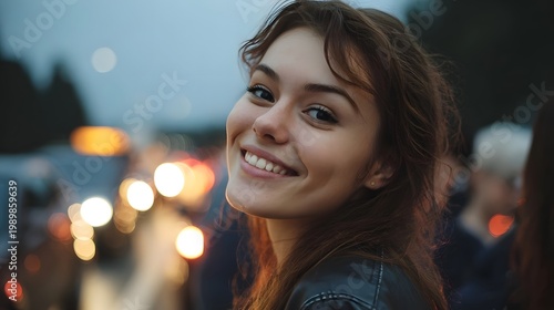 Joyful portrait of a young woman smiling in a vibrant outdoor setting illuminated by city lights at dusk