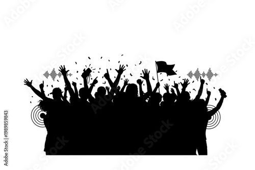 Silhouette of a Cheering Crowd: A silhouetted mass of people celebrates in unison, raising their arms high in the air, creating a dynamic visual of excitement and support.