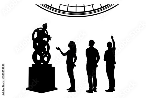Art Appreciation: Silhouetted figures in a modern art gallery, their gazes captivated by a large, abstract sculpture suspended overhead, creating a sense of wonder and intellectual curiosity. 