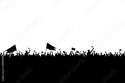 Silhouette of the masses: a sea of people raises flags, as a powerful silhouette against a vibrant background. Demonstrating unity and solidarity, ready for progress.