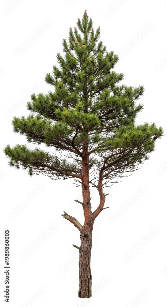 Fototapeta premium Single Pine Tree Isolated on White Background, Evergreen Conifer Forest Element
