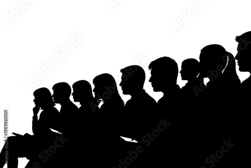 Audience Silhouette: A collection of figures in profile, representing an audience captivated by an unseen performance, with a sense of anticipation and engagement.