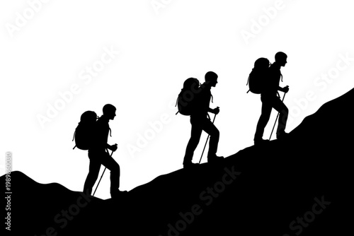 Trailblazers: Silhouettes of determined hikers ascending a steep path, their backpacks and hiking poles signifying a journey of challenge and reward. The image captures the essence of perseverance.