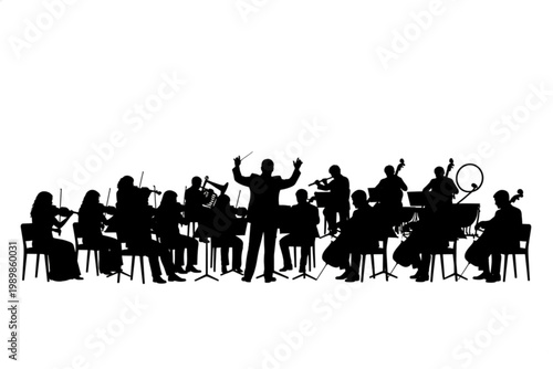 Musical Silhouette: An orchestra conductor leads a classical ensemble in a symphony of sound, captured in an elegant silhouette against a clean background, evoking the harmony and artistry of music