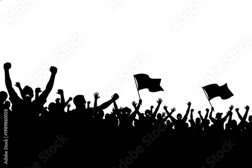 Silhouette of Supporters: A dynamic depiction of a cheering crowd, raising their hands in unison, embodying collective support and enthusiasm. Featuring waving flags, capturing the essence of unity.