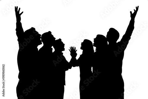 Silhouette of Unity: A powerful silhouette captures a moment of shared purpose and connection as a group stands united, arms raised in a gesture of solidarity.