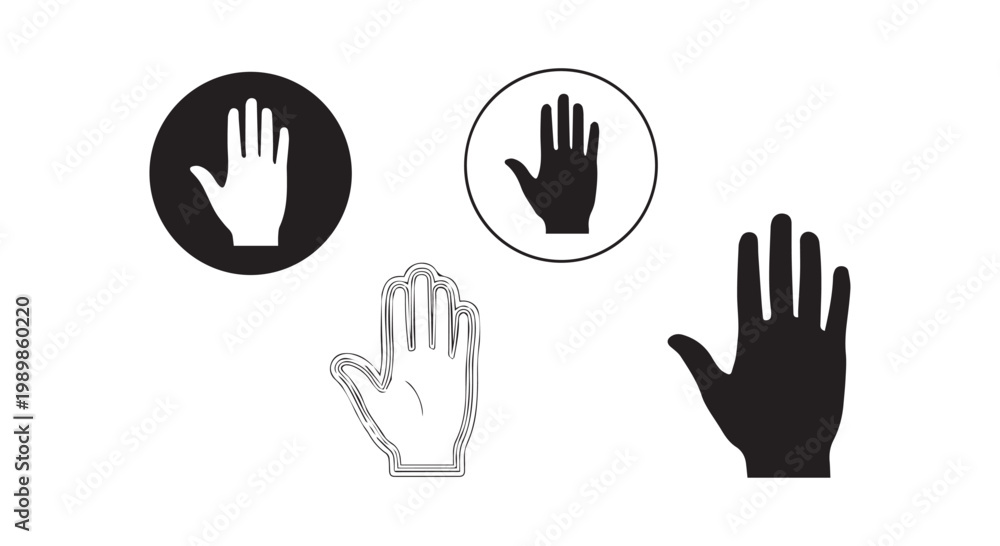 Fototapeta premium Human hand icons set featuring open palm gestures in different styles including outline silhouette and circle backgrounds.