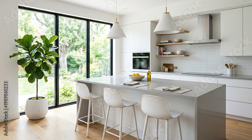 Bright kitchen featuring white stools