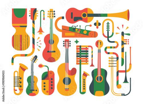 Abstract musical instruments collection flat design concept. colorful artistic music equipment vector.