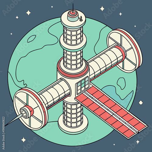 Isometric space station orbiting earth illustration with isometric satellite astronomy exploration technology universe structure illustration stationery astrophysics research platform