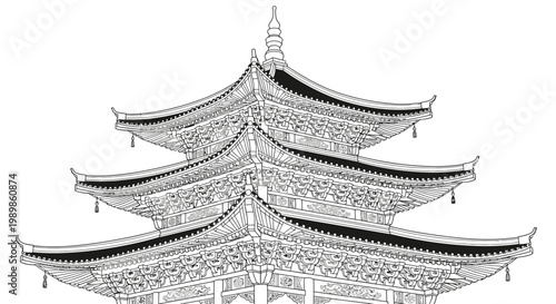 Traditional Asian Pagoda Architecture Detailed Illustration