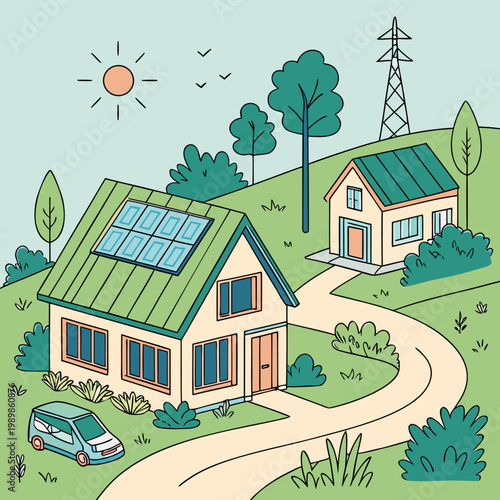 Sustainable eco friendly houses with solar panels sustainable environment landscape countryside renewable suburban residential architecture technology electricity building development