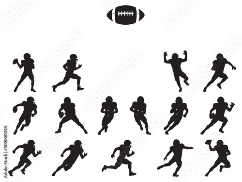 American Football Player Full Action Pose Silhouette Large Set with Ball Throwing Running Catching Blocking Solid Black Vector Illustration Isolated White Background
