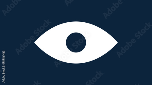 White Eye Visibility View Icon on Dark Navy Blue Background Flat Bold Symbol, Watch Observe Monitor Privacy Surveillance Vector Illustration Isolated for UI App Design