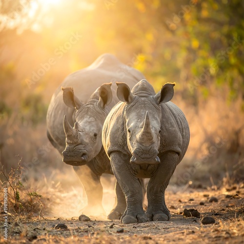 Two rhinos walk towards the viewer in warm, golden light, surrounded by dry grass and foliage